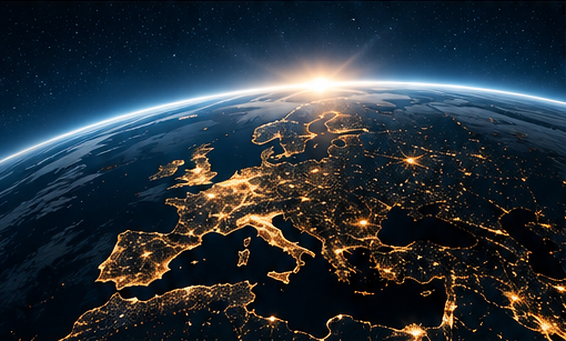 Europa bij nacht vanuit de ruimte als symbool voor internationale ambitie